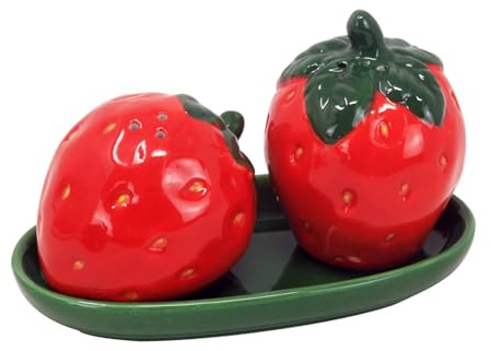 Novelty Glazed Ceramic Strawberry Shaped Salt and Pepper Pots/Shakers Set with Base - Red, Dark Green - 14 cm