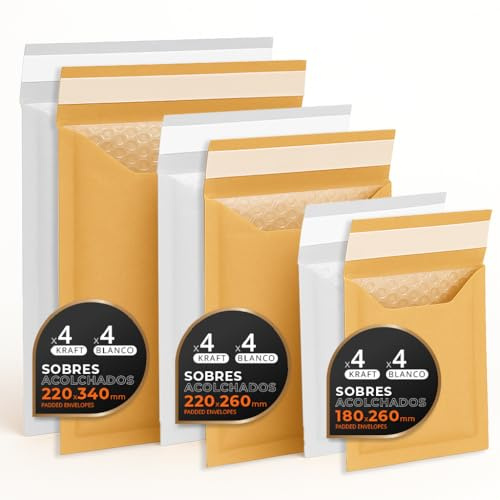 Vadderade postkuvert, flera storlekar (3 storlekar), kraft- och vitfärger – självhäftande förslutning – papperskuvert med inre bubbla, perfekta för försändelser, M-pack, kontorsmaterial (24 påsar)