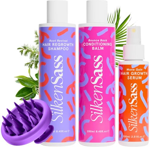 Silken Sass Hair Growth Kit – DHT Blocker Shampoo, Conditioner & Serum with Scalp Scrubber | Saw Palmetto & Redensyl® for Women | Complete Hair Regrowth System