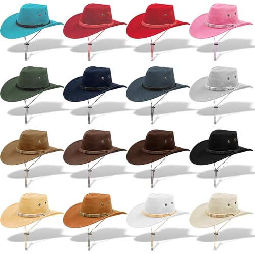 YFNVH 16 Stück Cowboyhut Set für Damen und Herren, Bunte Westernhüte mit verstellbarer Kordel Filz Western Partyhut für JGA, Festival, Karneval, Fasching, Fotobox, Hochzeit und Gruppenoutfit