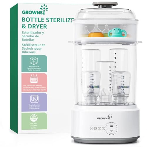 GROWNSY Baby Bottle Steriliser and Dryer, Electric Steam Baby Bottle Sterilizer, Removes 99.9% of Bacteria, Bottle Steriliser for Baby Bottles, Pacifiers, Pump Parts
