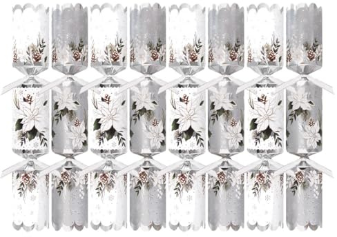Harvey & Mason Pack of 8 Premium White Silver Floral Christmas Crackers - 12.5 Metallic Festive Xmas Holiday Dinner Table Decorations - Novelty Fun Prizes Gifts Contains Hats Jokes