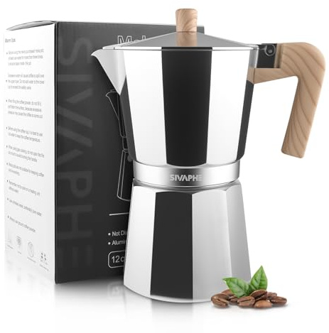 Sivaphe Stovetop Coffee Maker 3/6/9 Cups, Aluminium Moka Pot Italian Espresso Maker with Heat-Resistant Handle (silver, 12 cups)