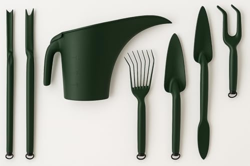 Set Giardinaggio 8 Pezzi con Annaffiatoio 4L – Trapiantatori, Rastrello, Forca, Tridente, Estirpatore e Zappetta – Varianti Colore Grigio o Dark Forest – Attrezzi per Giardino (Dark Forest)