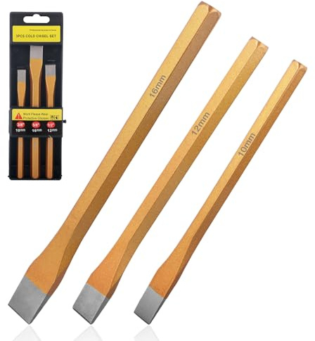 3 Pcs Cold Chisel Set, Bolster Chisel Heavy Duty CRV Steel Metal Chisels for Stonework DIY, Stone Chisels with Hard Bevel, Chizzle Set for Cement Mortar Joinery Carving Masonry Tools 10mm, 12mm, 16mm