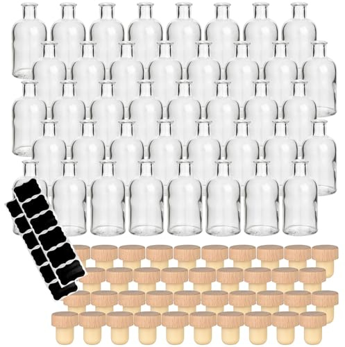 gouveo 40er Set Glasflasche 100 ml (0,10 l) Glasflasche 100 ml Apotheker rund mit Korken (Holzgriff-Optik) inkl. Etiketten, kleine Klarglasflaschen zum Befüllen & Dekorieren (PACKCODE)