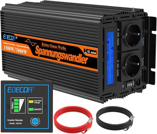 EDECOA Inverter da 1500 W/3000 W, 24 V, 230 V, convertitore di tensione sinusoidale puro da 24 V a 220 V, con telecomando e 2 display LCD USB con informazioni sull'inverter