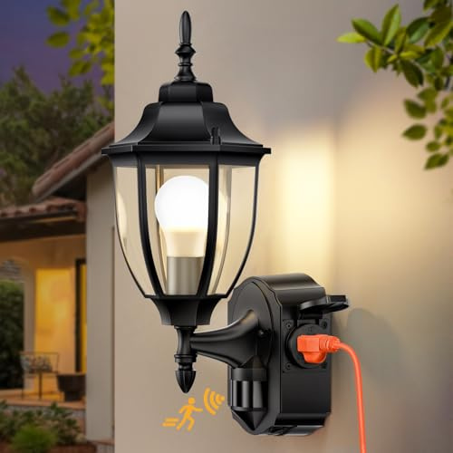OYKYOHEI Outside Lights with Outlet, Motion Sensor Lights Outdoor, Updated Dusk Till Dawn Outdoor Wall Lights Mains Powered, Waterproof Anti-Rust Aluminum Pir Lights Outdoor Entryway Garage, Black