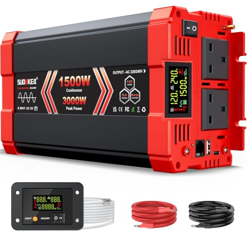Pure Sine Wave Inverter 1500 Watt, 12V DC to 120V AC Inverters for RV, Truck, Solar, Home, Power Inverter with 2 AC Outlet, 30W USB-C, 5V 3.1A USB, Hardwire Port, Remote Control, Surge 3000W