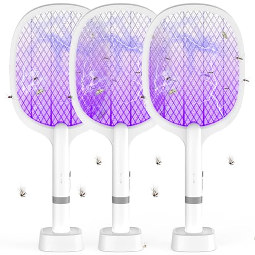 Elektrische Fliegenklatsche 5000V Extra Stark, Fliegenklatsche Elektrisch Aufladbar, 2 in 1 Mückenklatsche Elektrisch mit UV-Lichtfalle & USB-C Ladestation, Gegen Mücken Fliegen Motten Wespen(3 Stück)