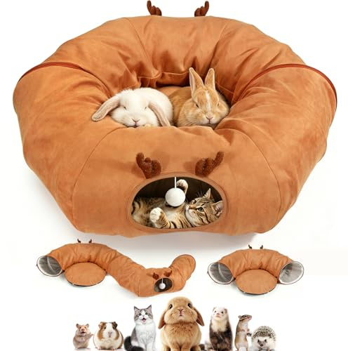 3 In 1 Kaninchen Tunnel, Meerschweinchen Spielzeug mit DREI Spielformen | Kleintiertunnel Spielzeug Hasentunnel Plüschtier Tragbar und Multifunktional, für Katzen, Welpen Und Frettchen, Orange