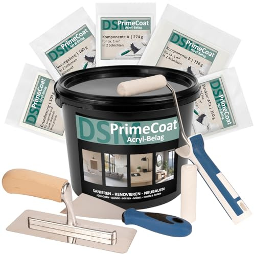 DSM PrimeCoat Acryl-Belag Spachtelmasse für fugenlose Dusche & Bad – Set | für ca. 1 m² – M18 Peanut – inkl. Zubehör & Strukturmix Easy Fein – für Wand, Boden, Möbel – Mikrozement Alternative