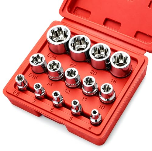 EVERGOODS 14PCS Female E-Torx Socket Set E4–E24, External Star Socket Set with 1/4, 3/8, 1/2 Drive, Chrome Vanadium Steel E Torx Socket Set with Storage Case for Auto Repair