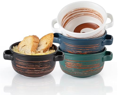 YUN TAO 620ml French Onion Soup Bowls with Handles,Stoneware Ceramic Soup Crocks for Ramen, Beef Stew, Pot Pies, Cereal, Oven & Dishwasher Safe - Set of 4