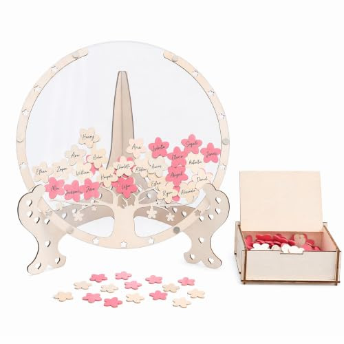 Yiomxhi Gästebuch Hochzeit Holz mit Einwurfbox und 80 Holz-blumen, Personalisiert Hochzeitsgästebuch für Hochzeitsdeko, Babyparty, Jahrestag, Geburtstag Dekoration
