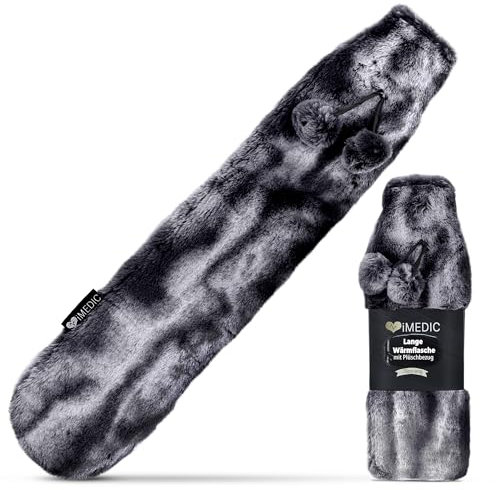 iMedic 2L Extra Long Hot Water Bottle With Luxury Cover - Super Soft Fleece or Comfy Knit - Large Bottle With Faux Fur Dark Grey Cover - UK
