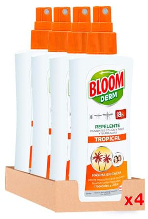 Bloom Derm Loción Tropical (4 x 100 ml), loción antimosquitos contra mosquitos (incluido el mosquito tigre) y garrapatas, repelente de mosquitos transmisores de enfermedades tropicales