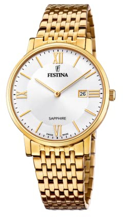 Festina Swiss Made Reloj Hombre Analógico de Acero Inoxidable 316l Dorado - Movimiento de Cuarzo - Calendario - Cristal Zafiro de Alta Resistencia - Resistente al Agua 5 ATM F20020/1 Classic Steel