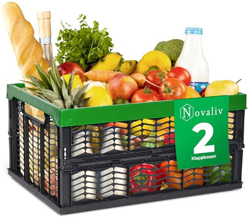 Novaliv Lot de 2 boîtes pliantes pliables et stables de 30 l - Vertes et noires - Boîtes à provisions pliables - Boîte de rangement - Paniers de rangement pour la cuisine