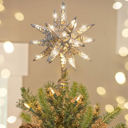 Luxspire Christmas Tree Topper, Light Up Christmas Tree Star, 3D Xmas Tree Toppers Light with USB Powered, Timer and Remote Control, Indoor Christmas Decoration, Silver