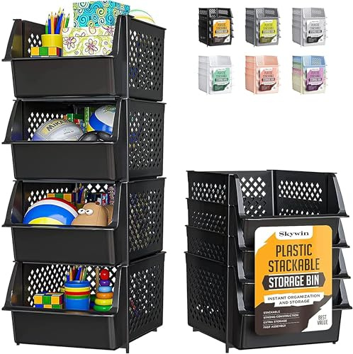 Skywin Stackable Storage Baskets Pack Of 4, Open Front