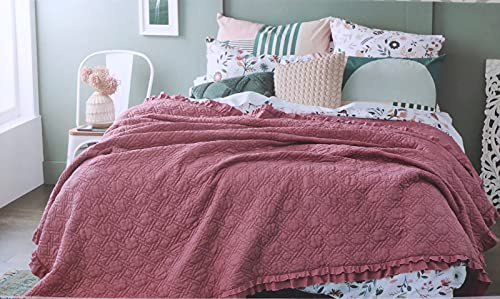 HaraDeco Colcha con Volantes Flecos para Cama 135/140cm, Cubrecama Artesanía Confecciona en Tejido Microfibra Lavado a la Piedra, Volantes Desflecado para Hogar Hostelería(Granate, 230x240cm)