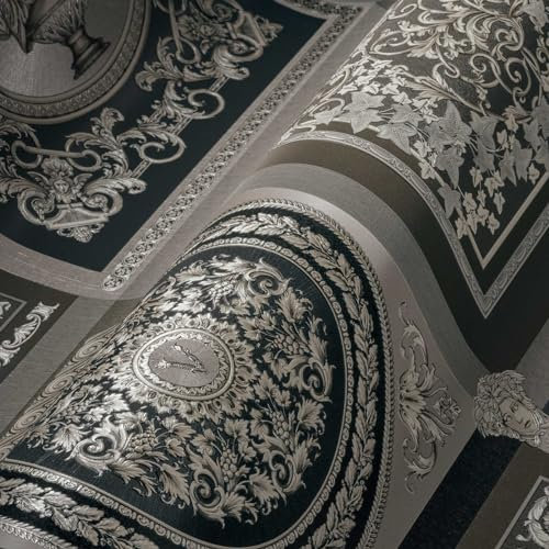 Versace Wallpaper Baroque Luxury Wallpaper Floral 387044 Silver Black Grey Designer Logo Medusa 10.05 x 0.70 m Made in Germany