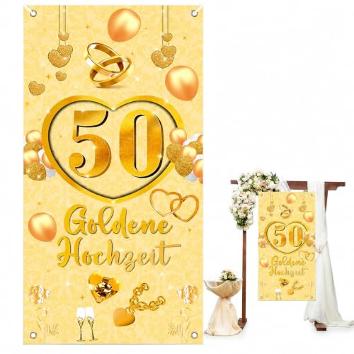 50. Goldenen Hochzeit Banner, Goldene Hochzeit Deko, 50. Hochzeitstag Hintergrund Dekoration, 50 Jubiläum Banner, Stoff Banner für Goldene Hochzeit für Wand Drinnen Draußen Dekoration 180 * 90cm