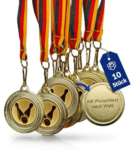 Pokal-Fabrik - Bowling-Medaillen 10er Set Metall mit Wunschtext - Bowlingmedaille golden zum Umhängen für Siegerehrungen - Medaillen Kinder mit Deutschlandband & Emblem für Vereine & Turniere