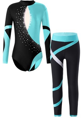 TiaoBug Mädchen Langarm Turnanzug Farbblock Gymnastikanzug mit Sport Leggings Streifen Hose Zweiteiler Ganzkörper Anzug Eiskunstlauf Leotard Türkis E 134-140