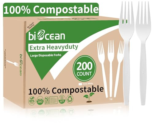 Biocean Extra Heavyduty Compostable Forks [200 Count,7In] Disposable Cutlery No Plastic Forks Large Biodegradable Utensils Eco Friendly Silverware Serving Flatware for Party,Daily Use,BBQ,Picnic