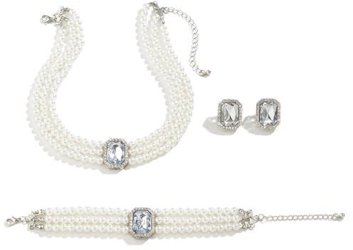Cubahop mariage mariée perle gemme collier bracelets et boucles d'oreilles ensemble cristal collier partie femmes et filles mariage bijoux ensemble (Argent)