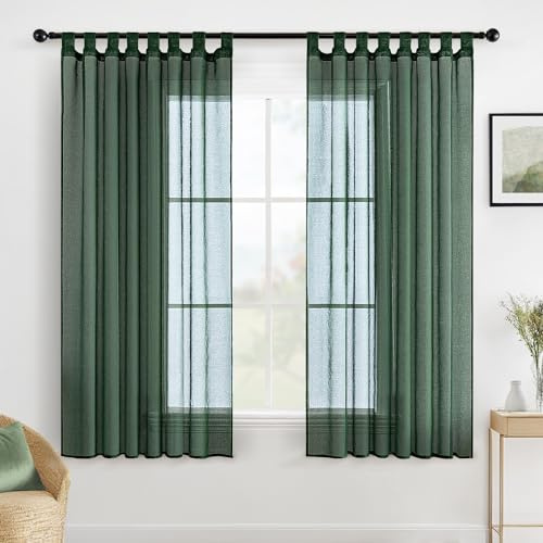 MIULEE Schlaufenschal Voile, Gardinen 2er Set, Dunkelgrün 140x175 cm | Luftige Transparente Voile-Gardinen mit Schlaufen, Dekorativer Sichtschutz für Wohnzimmer und Schlafzimmer