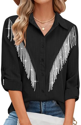 MYMORE Womens Rhinestone Fringe Button Down Shirt Rolled 3/4 Sleeve Sparkly Top Concert Nashville Western Cowgirl Outfit, A_Black, M