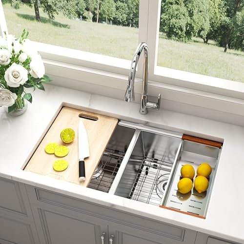 Blenzia 32 Inch Undermount Workstation Double Bowl Handmade Kitchen Sink