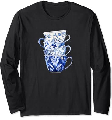 Tasses à thé en porcelaine bleue et blanche Manche Longue