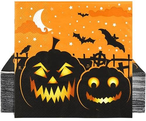 Lot de 100 Serviettes de Table Jetables en Papier pour Halloween, Cocktails, Boissons, Déjeuner, Dîner, Décorations de Fête, 3 Plis, pour Invités, Enfants, Chauve-souris Mignonne