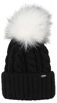 Birendy Beanie PB Mütze, Pudelmütze, Wintermütze mit großer Fellbommel aus Fellimitat, Strickmütze mit hochwertigen Strick (Schwarz mit weißer Bommel)
