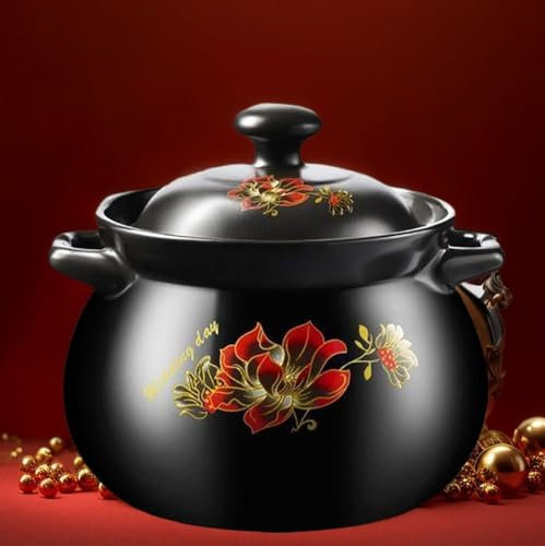 Soupière antiadhésive en céramique Motif fleur rouge – Bol de service épais pour rassemblement du Nouvel An