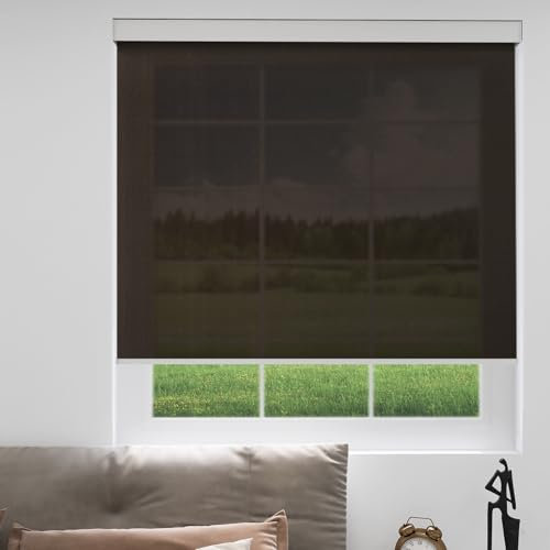 YESCENT Motorized Window Roller Blinds Rechargeable Electric Motor Solar Shades Transparent Sight Customized Size for Home Office Hotel Club Restaurant (82006M-Brown)