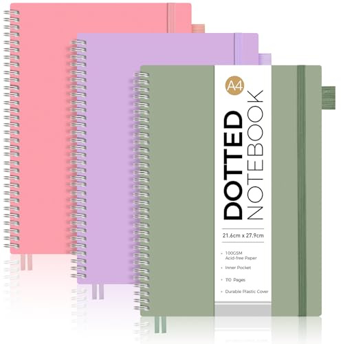 AUTEMPO Bullet Dotted Journal, 3 Stück, Spiralnotizbuch, A4, 21,6 x 27,9 cm, mit 100 g/m², Rosa, Lila, Salbeigrün