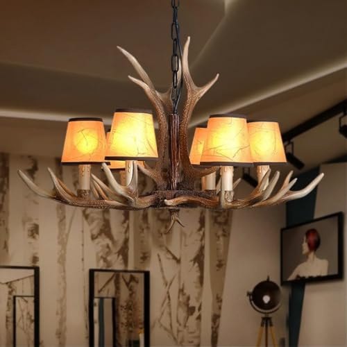 XinZe Geweih-Kronleuchter 6 Lichter Vintage Harz Hirschgeweih Pendelleuchte Retro Highland Rustikale Hängelampe American Style Hängeleuchten Cabin Decke Pendellampe Für Küche Esszimmer Wohnzimmer Bar