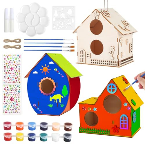 Maison D'oiseau Bricolage Kit pour Enfants, 3 Pièces Maison D'oiseau Activite Manuelle, DIY Kit de Maison D'oiseau pour Enfants, Kit de Maison D'oiseau Peindre Jouet Cadeaux pour Filles, Garçons