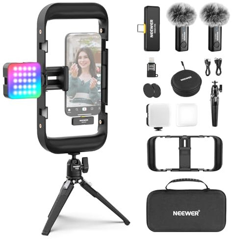 NEEWER Kit Vlogging per Telefono con Luce LED RGB/Microfono Lavalier Wireless/Mini Treppiede da Tavolo/Phone Cage Video Rig, Essenziali per Creatori Contenuti per iPhone Android Podcast YouTube, PA049