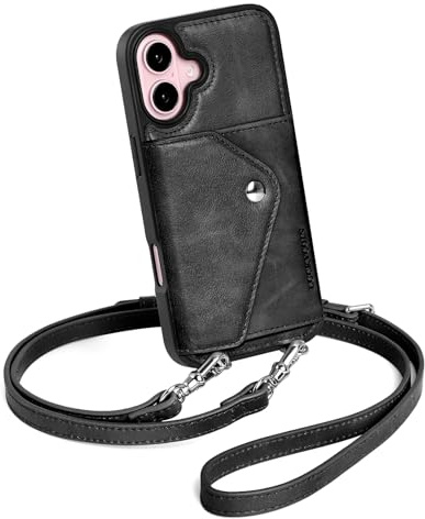 LUCKYCOIN Genuine Leather Crossbody Wallet Phone Case for iPhone 16, Shockproof Phone Purse with Adjustable Lanyard Strap & Card Holder, Crossbody purses for Women, Vintage Black
