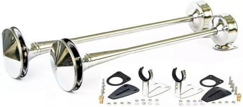 Fanfare Chrom 24V Drucklufthorn Zweiklang Hupe Horn 125 dB 64cm x 58cm Neu OVP E32 Prüfzeichen für LKW PKW Auto Boot Landtechnik