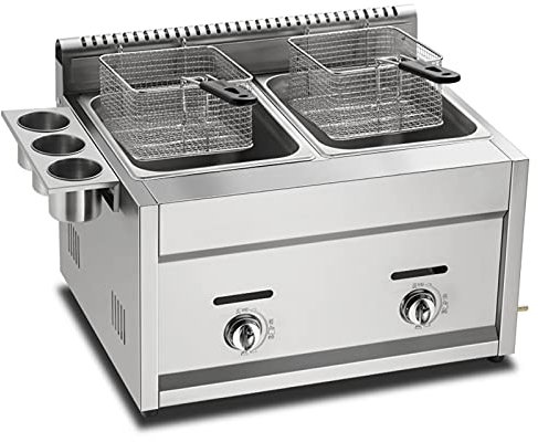 CZAOERXB Friggitrice a Gas, friggitrice Professionale da banco a GPL con 2 cestelli e Coperchio, Potenza di Fuoco Regolabile, Acciaio Inossidabile 304 per Uso Alimentare, per Patatine, ciam