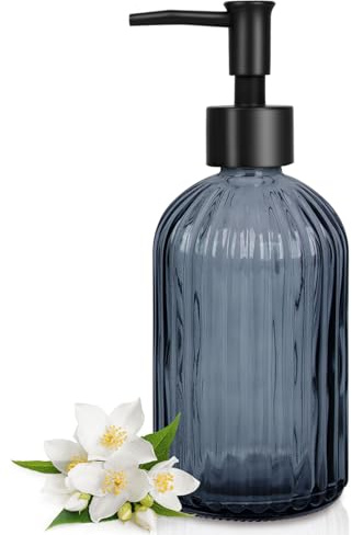 Topsky Glass Soap Dispenser with Black Plastic Pump, 400ml Grayish Blue | Refillable Liquid Hand Soap Dispenser, Rustproof Pump for Kitchen & Bathroom, Great for Lotions, Essential Oil, Liquid Soaps
