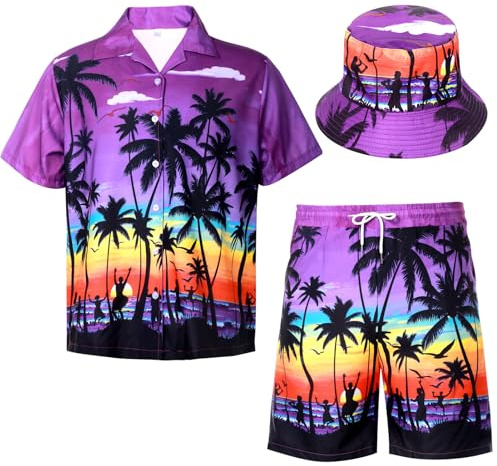 Moerstar Camicia hawaiana da uomo a maniche corte, set di 3 pezzi con camicia hawaiana casual con cappello pantaloncini, palme oceaniche marine, unisex, per feste estive in spiaggia