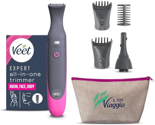 Veet Expert All-In-One Trimmer, Rasoio elettrico donna, Viso e parti intime, 100% waterproof, 2 testine e 3 pettini, Rasatura ad alta precisione, Cordless + Pochette Regalo